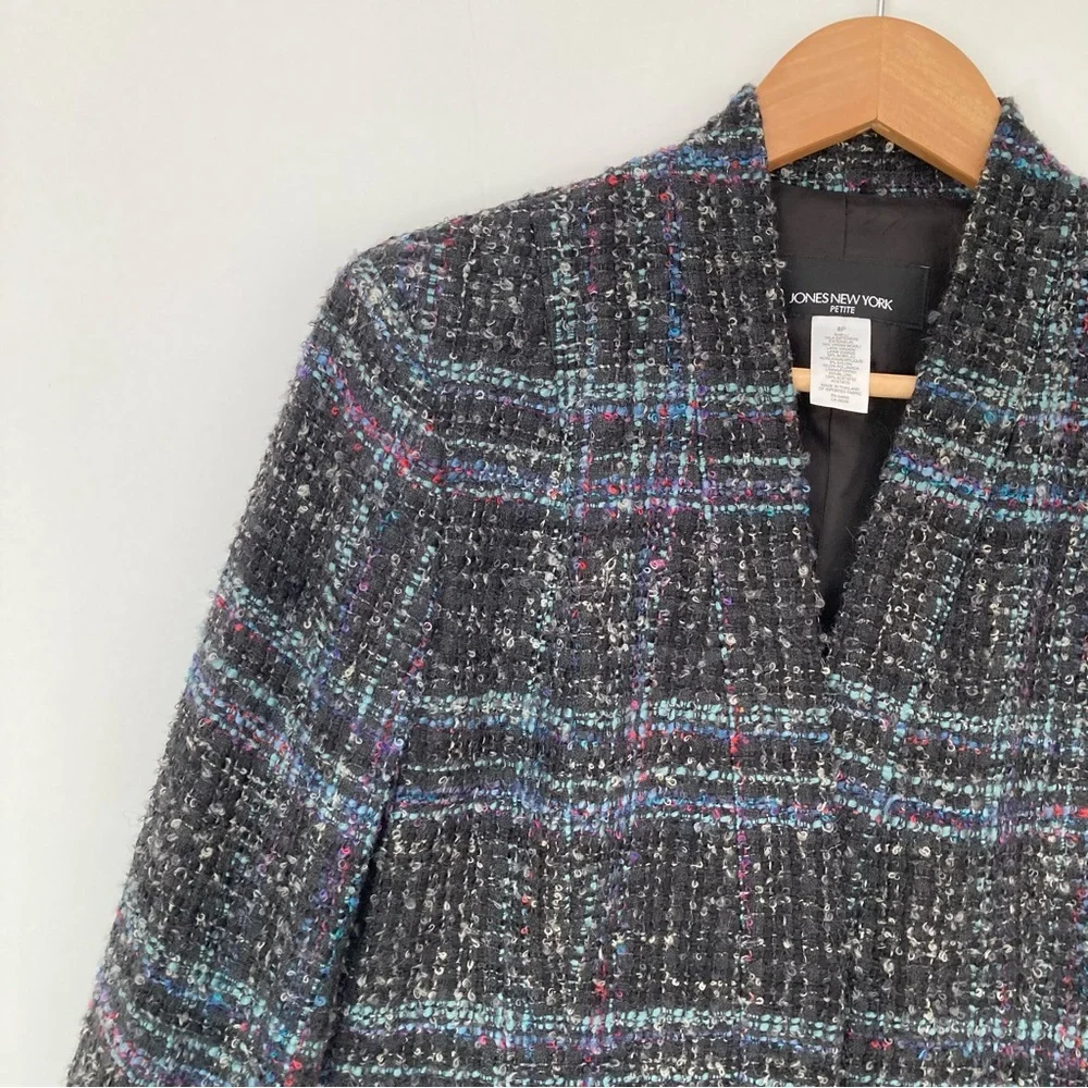 Jones New York Plaid Wool Blend Collarless Jacket Blazer Blue Black 8P